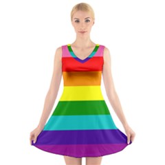 Colorful Stripes Lgbt Rainbow Flag V-neck Sleeveless Skater Dress by yoursparklingshop