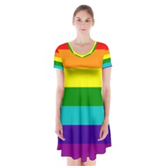 Colorful Stripes Lgbt Rainbow Flag Short Sleeve V-neck Flare Dress