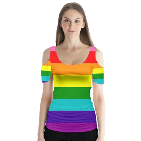 Colorful Stripes Lgbt Rainbow Flag Butterfly Sleeve Cutout Tee  by yoursparklingshop