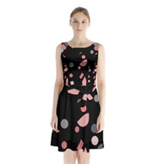 Pink And Gray Abstraction Sleeveless Chiffon Waist Tie Dress