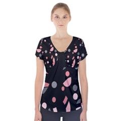 Pink And Gray Abstraction Short Sleeve Front Detail Top