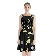 Yellow And Gray Abstract Art Sleeveless Chiffon Waist Tie Dress