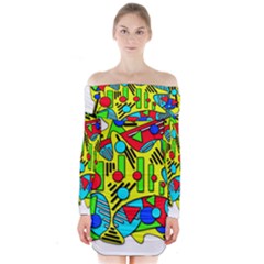 Colorful Chaos Long Sleeve Off Shoulder Dress by Valentinaart