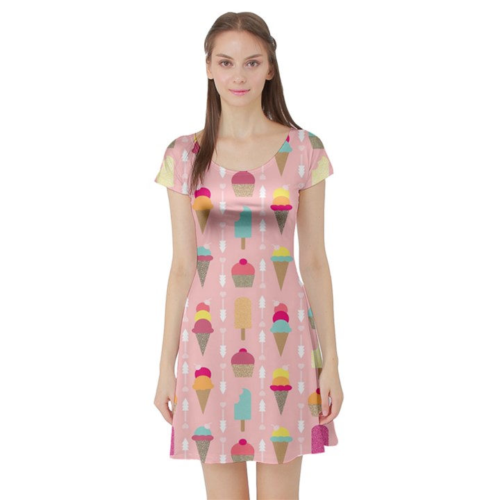 Ice Cream and Cupcake Sweet Tooth Pattern Short Sleeve Skater Dress