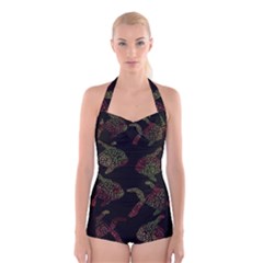 Decorative Fish Pattern Boyleg Halter Swimsuit 