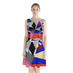 Geometrical Abstract Design Sleeveless Chiffon Waist Tie Dress