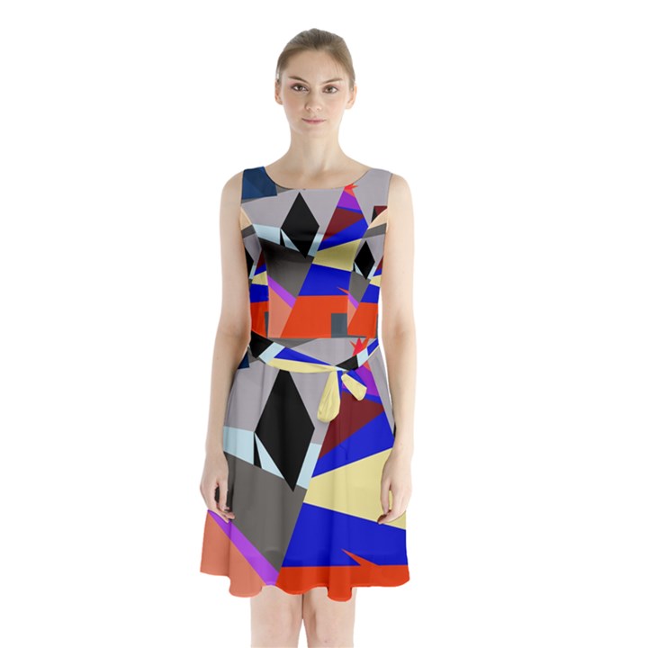 Geometrical abstract design Sleeveless Chiffon Waist Tie Dress