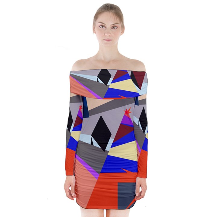 Geometrical abstract design Long Sleeve Off Shoulder Dress