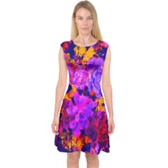 Purple Painted Floral And Succulents  Capsleeve Midi Dress