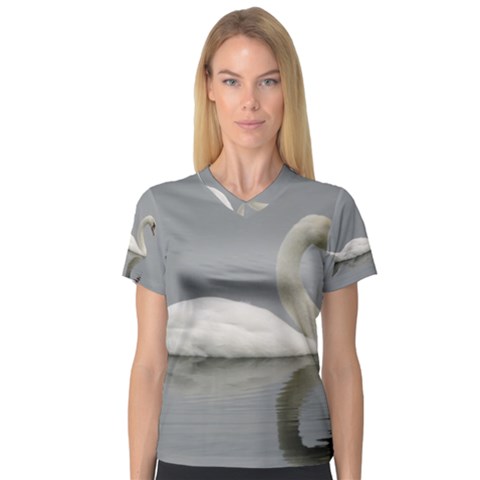 Swimming White Swan Women s V-neck Sport Mesh Tee by picsaspassion