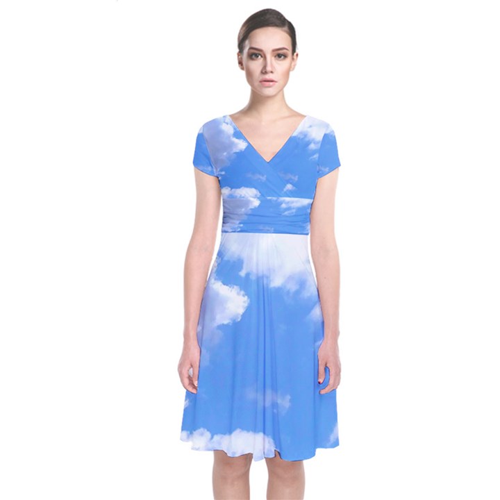 Summer Clouds and blue sky Short Sleeve Front Wrap Dress