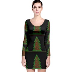 Christmas Trees Pattern Long Sleeve Velvet Bodycon Dress