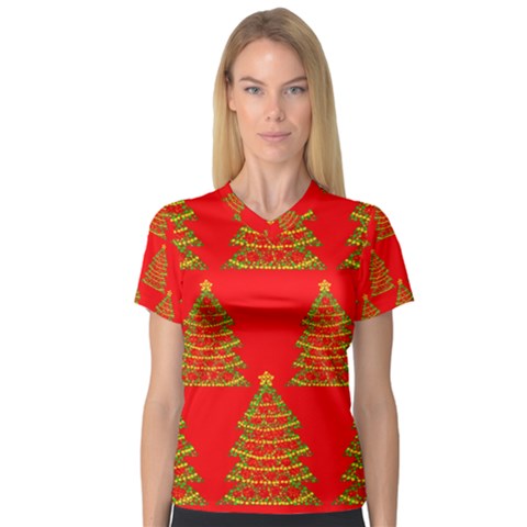 Christmas Trees Red Pattern Women s V-neck Sport Mesh Tee by Valentinaart