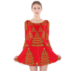 Christmas Trees Red Pattern Long Sleeve Velvet Skater Dress by Valentinaart