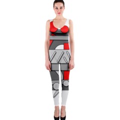 Gray And Red Geometrical Design Onepiece Catsuit by Valentinaart