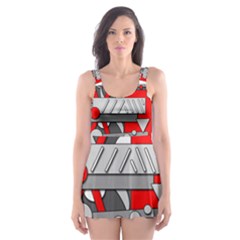 Gray And Red Geometrical Design Skater Dress Swimsuit by Valentinaart