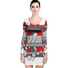 Gray And Red Geometrical Design Long Sleeve Velvet Bodycon Dress