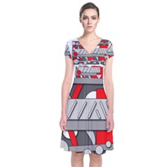 Gray And Red Geometrical Design Short Sleeve Front Wrap Dress by Valentinaart