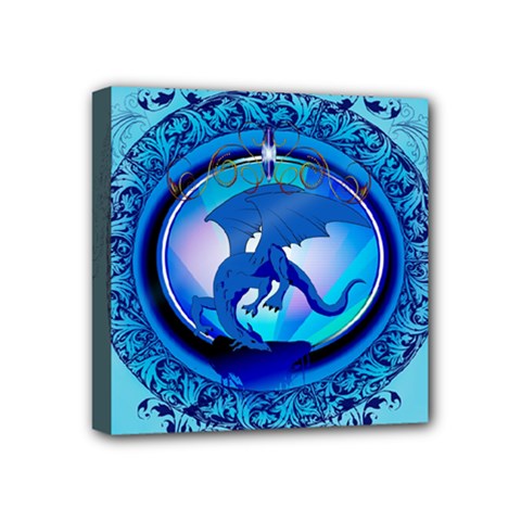 The Blue Dragpn On A Round Button With Floral Elements Mini Canvas 4  X 4  by FantasyWorld7