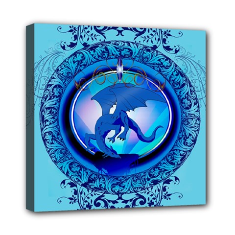 The Blue Dragpn On A Round Button With Floral Elements Mini Canvas 8  X 8  by FantasyWorld7