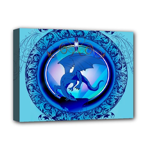 The Blue Dragpn On A Round Button With Floral Elements Deluxe Canvas 16  X 12   by FantasyWorld7