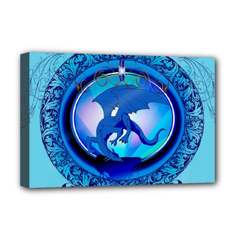 The Blue Dragpn On A Round Button With Floral Elements Deluxe Canvas 18  X 12   by FantasyWorld7