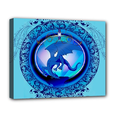 The Blue Dragpn On A Round Button With Floral Elements Deluxe Canvas 20  X 16   by FantasyWorld7