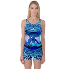 The Blue Dragpn On A Round Button With Floral Elements One Piece Boyleg Swimsuit by FantasyWorld7