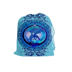 The Blue Dragpn On A Round Button With Floral Elements Drawstring Pouches (large)  by FantasyWorld7