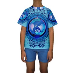 The Blue Dragpn On A Round Button With Floral Elements Kids  Short Sleeve Swimwear