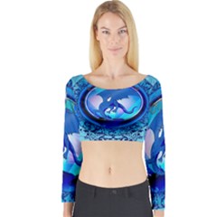 The Blue Dragpn On A Round Button With Floral Elements Long Sleeve Crop Top