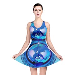 The Blue Dragpn On A Round Button With Floral Elements Reversible Skater Dress