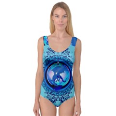 The Blue Dragpn On A Round Button With Floral Elements Princess Tank Leotard  by FantasyWorld7