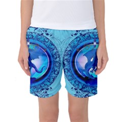 The Blue Dragpn On A Round Button With Floral Elements Women s Basketball Shorts by FantasyWorld7