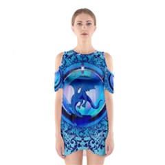 The Blue Dragpn On A Round Button With Floral Elements Cutout Shoulder Dress