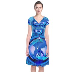 The Blue Dragpn On A Round Button With Floral Elements Short Sleeve Front Wrap Dress by FantasyWorld7