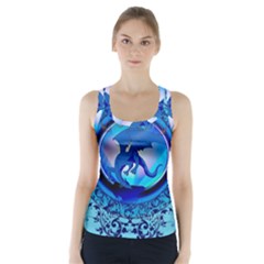 The Blue Dragpn On A Round Button With Floral Elements Racer Back Sports Top by FantasyWorld7