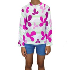 Magenta Floral Pattern Kids  Long Sleeve Swimwear