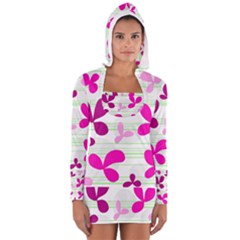 Magenta Floral Pattern Women s Long Sleeve Hooded T-shirt by Valentinaart