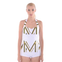 M Monogram Initial Letter M Golden Chic Stylish Typography Gold Boyleg Halter Swimsuit  by yoursparklingshop