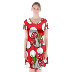 Mushrooms Pattern Short Sleeve V-neck Flare Dress