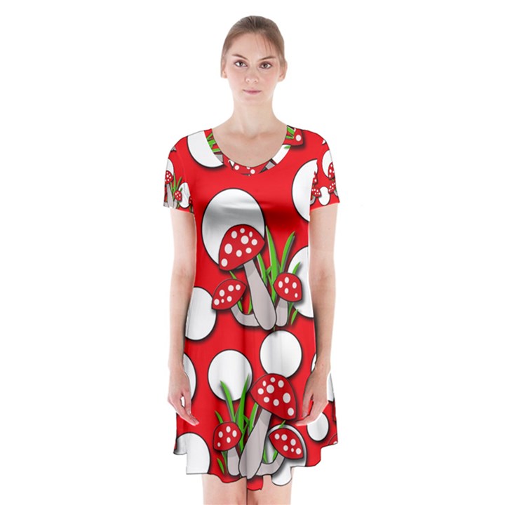 Mushrooms pattern Short Sleeve V-neck Flare Dress