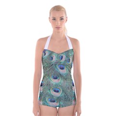 Peacock Feathers Macro Boyleg Halter Swimsuit 