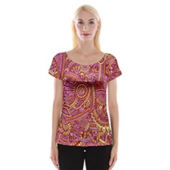 Pink Yellow Hippie Flower Pattern Zz0106 Women s Cap Sleeve Top by Zandiepants