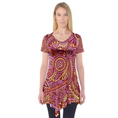 Pink Yellow Hippie Flower Pattern Zz0106 Short Sleeve Tunic  by Zandiepants