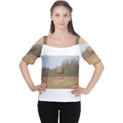 Red Deer Stag on a Hill Women s Cutout Shoulder Tee