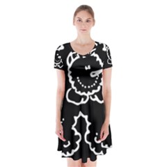 Funny Snowball Doodle Black White Short Sleeve V-neck Flare Dress