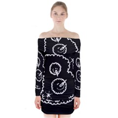 Funny Black And White Doodle Snowballs Long Sleeve Off Shoulder Dress