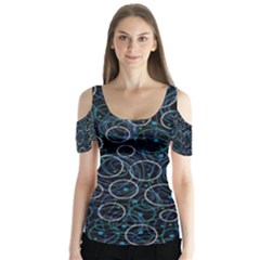 Blue Abstract Decor Butterfly Sleeve Cutout Tee 