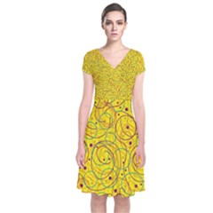 Yellow Abstract Art Short Sleeve Front Wrap Dress